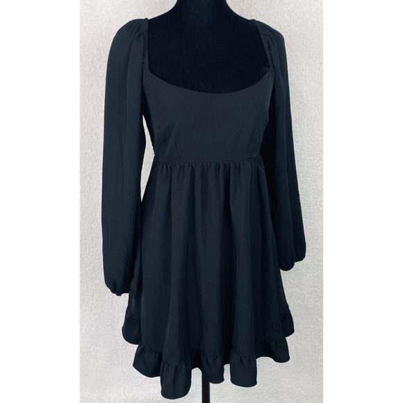 ABERCROMBIE & FITCH • Black Ruffle-Trim Long Sleeve Babydoll Mini Dress - Picture 16 of 16